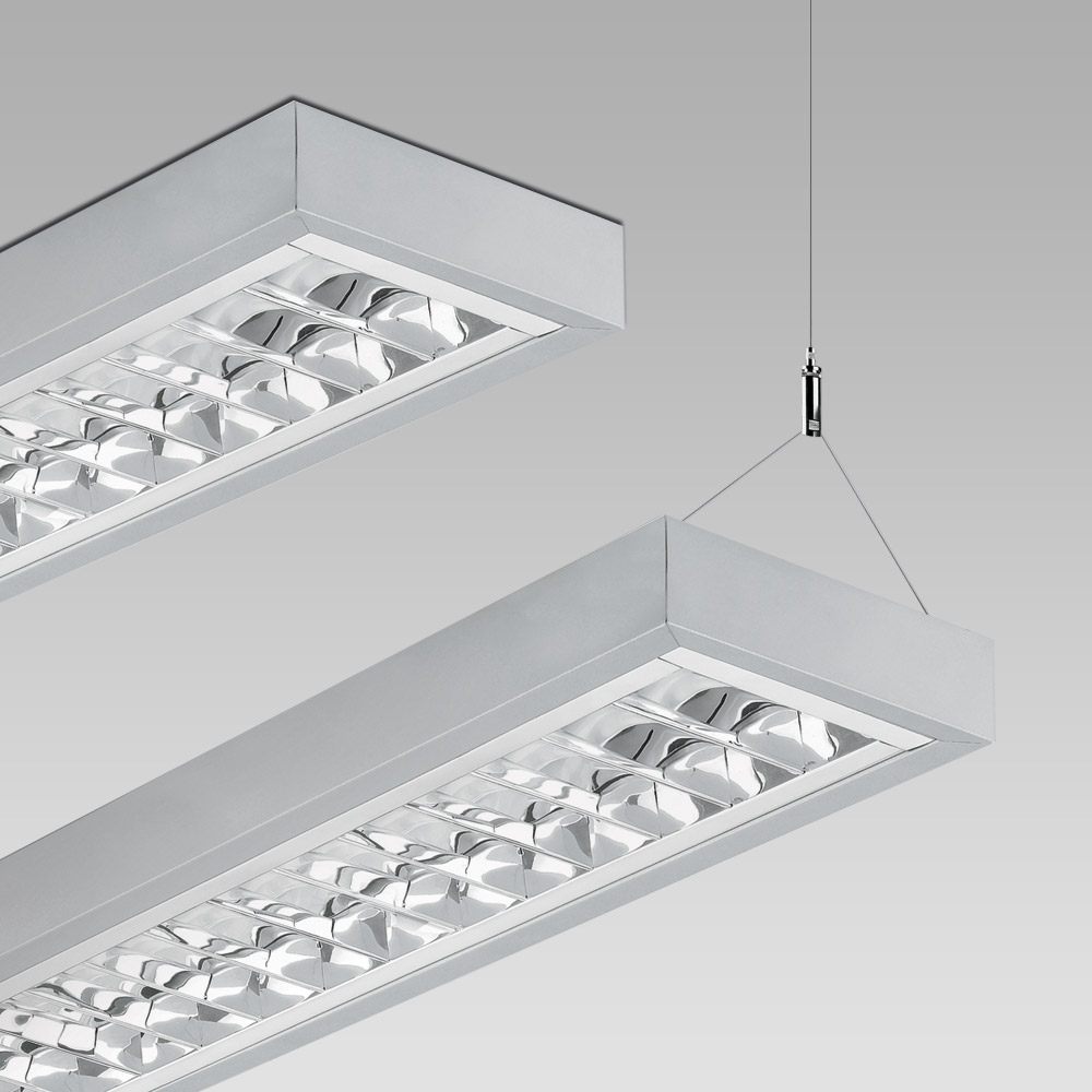 Linear ceiling or suspended downlight with anti-glare optic, perfect for school and office lighting